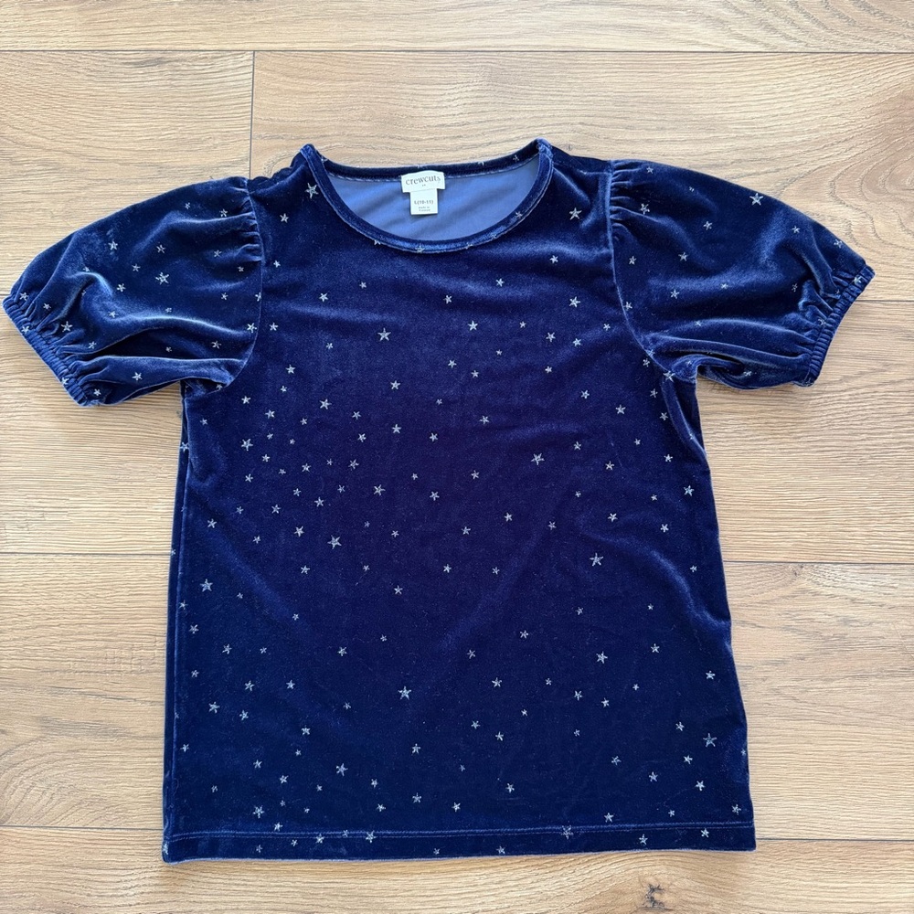 Crewcuts Girls Navy Blue Velvet Star Top‎ Puff Sleeve Size L (10–11)